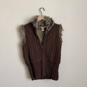 Sarsaparilla Women Brown CableKnit Sleeveless Fur Lined Full Zip Vest Size Small